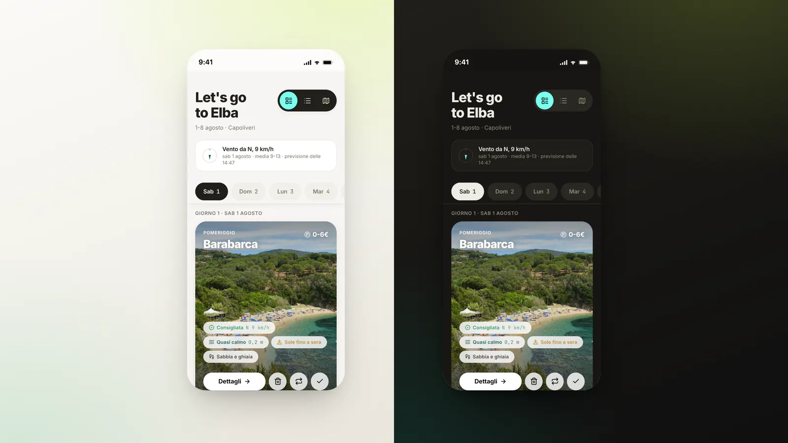 Elba 2026 - Light theme and dark theme side by side