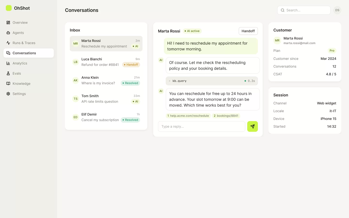 OhShot Agents - Inbox conversazioni