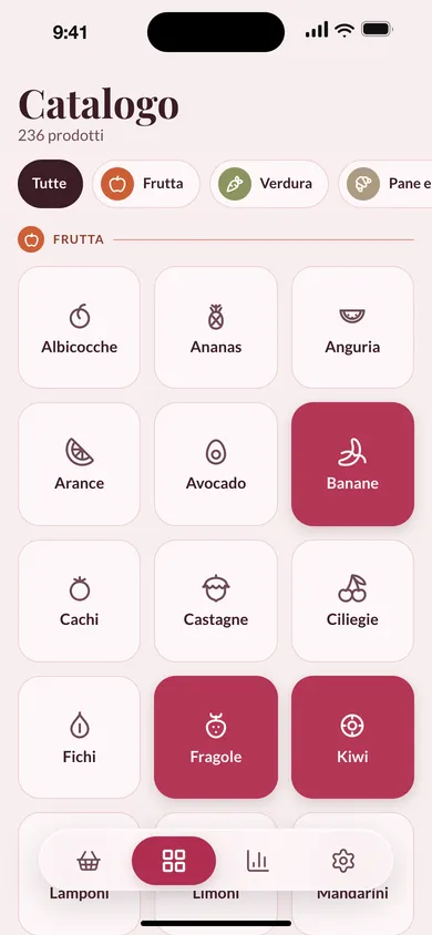 Il catalogo di Frigolo, categoria Frutta e verdura, con alcune tessere già in lista