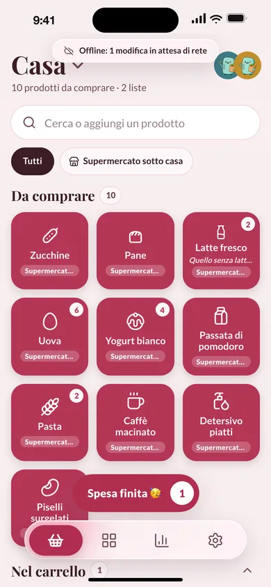 La lista di Frigolo con il banner Offline: si può usare anche senza rete